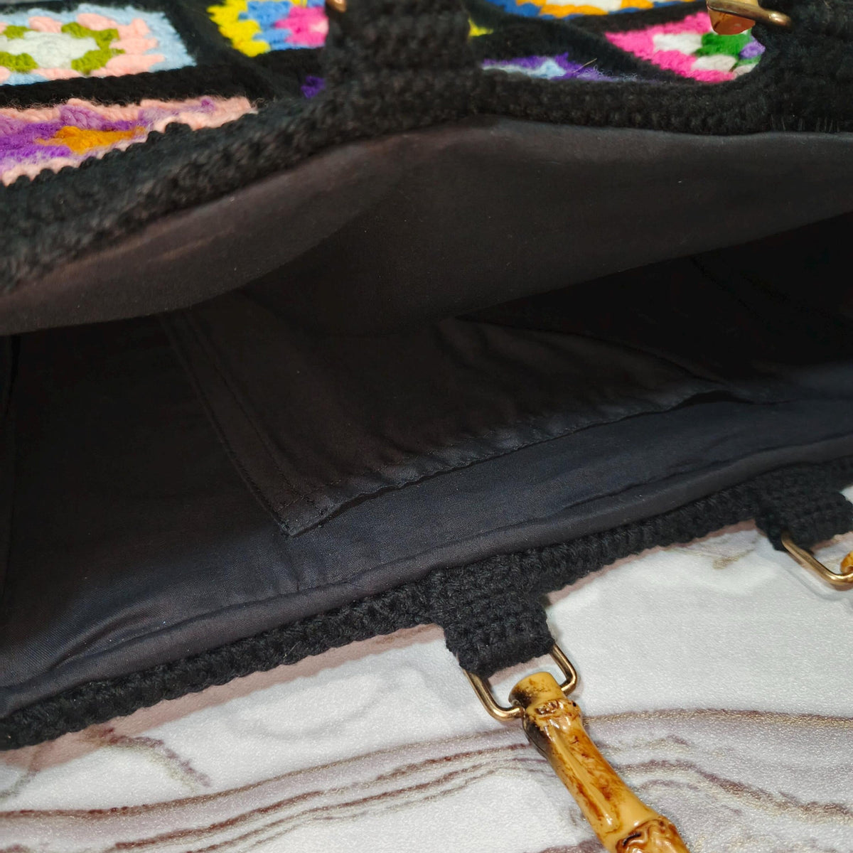 Colorful Crochet Flower Tote Bag | Handmade Granny Square Purse | Black Patchwork Handbag