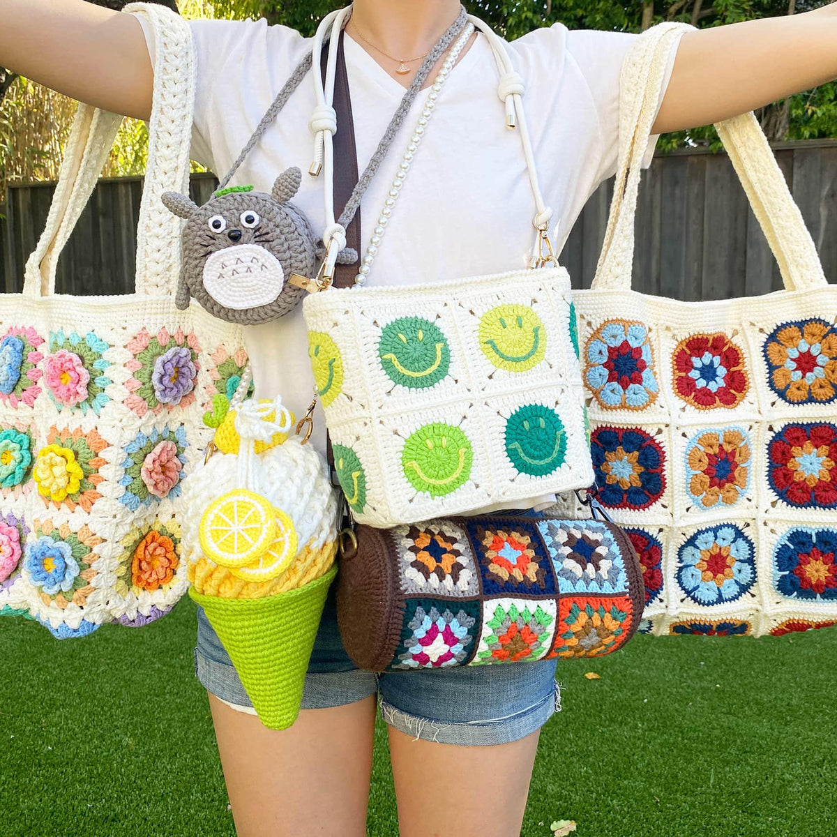 Handmade Crochet Granny Square Bag: Colorful Boho Yarn Tote