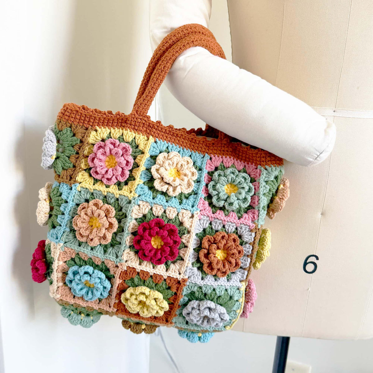 Handmade Crochet Granny Square Bag: Colorful Boho Yarn Tote