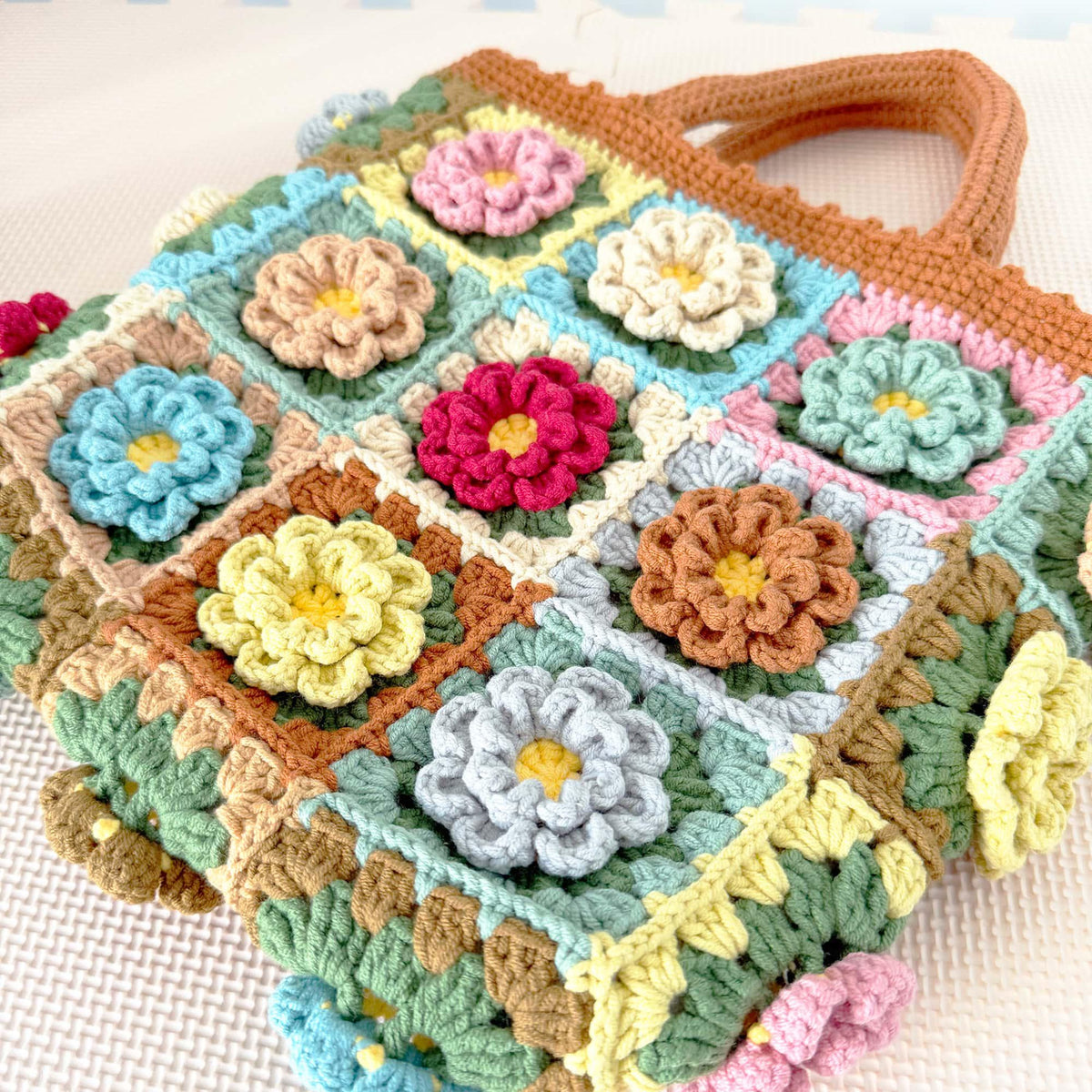 Handmade Crochet Granny Square Bag: Colorful Boho Yarn Tote