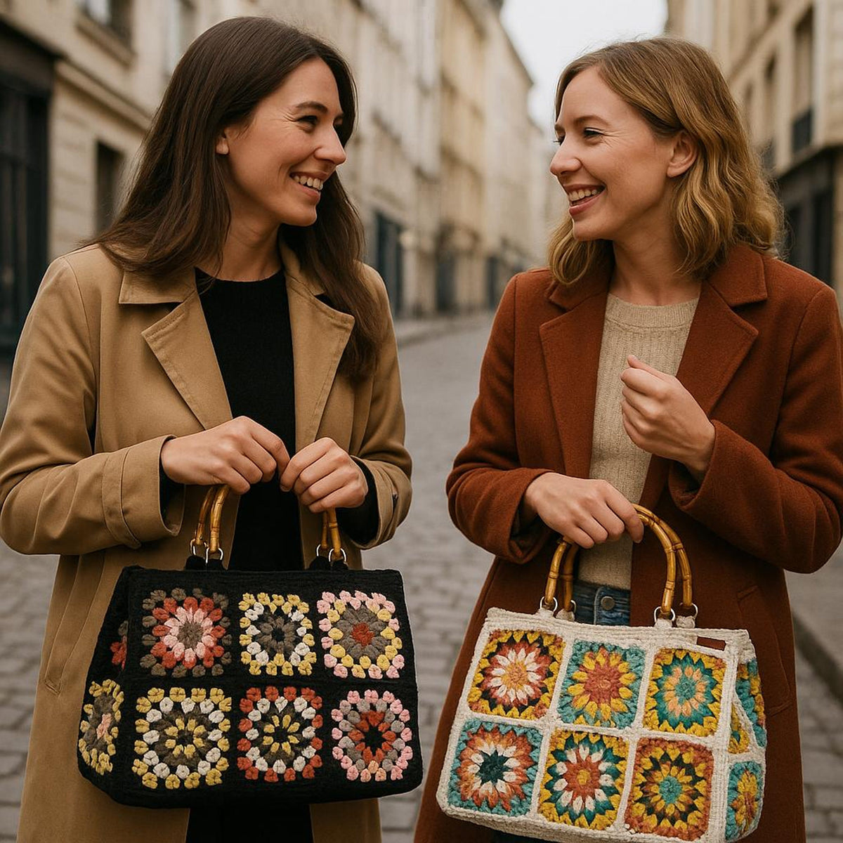 Handmade Crochet Granny Square Tote Bag, Boho Cotton with Bamboo Handles