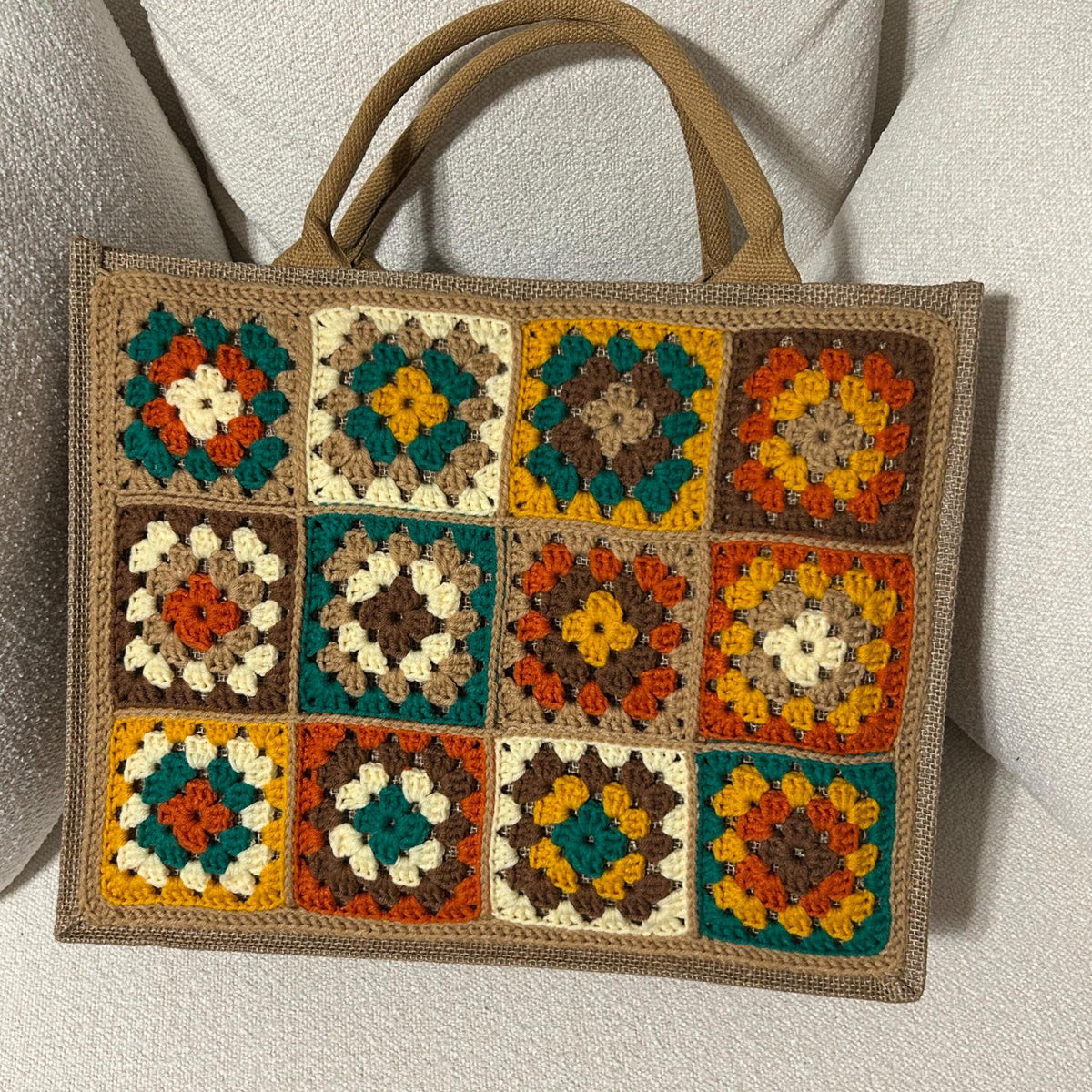 Granny Square Jute/Burlap Tote Bag - Fall Colors