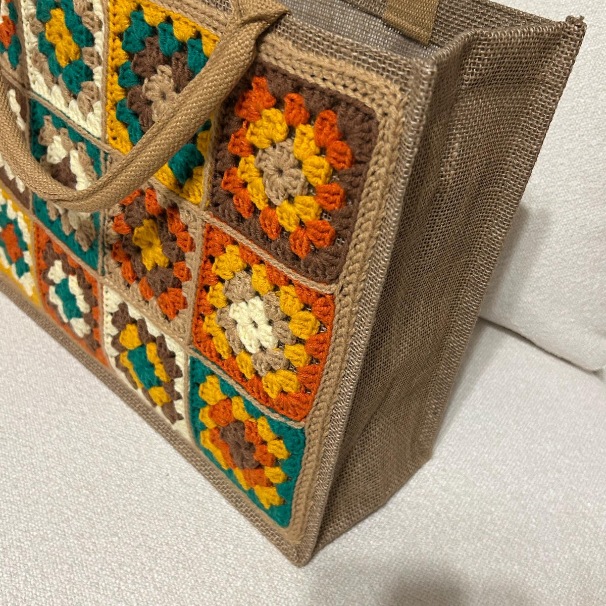Granny Square Jute/Burlap Tote Bag - Fall Colors