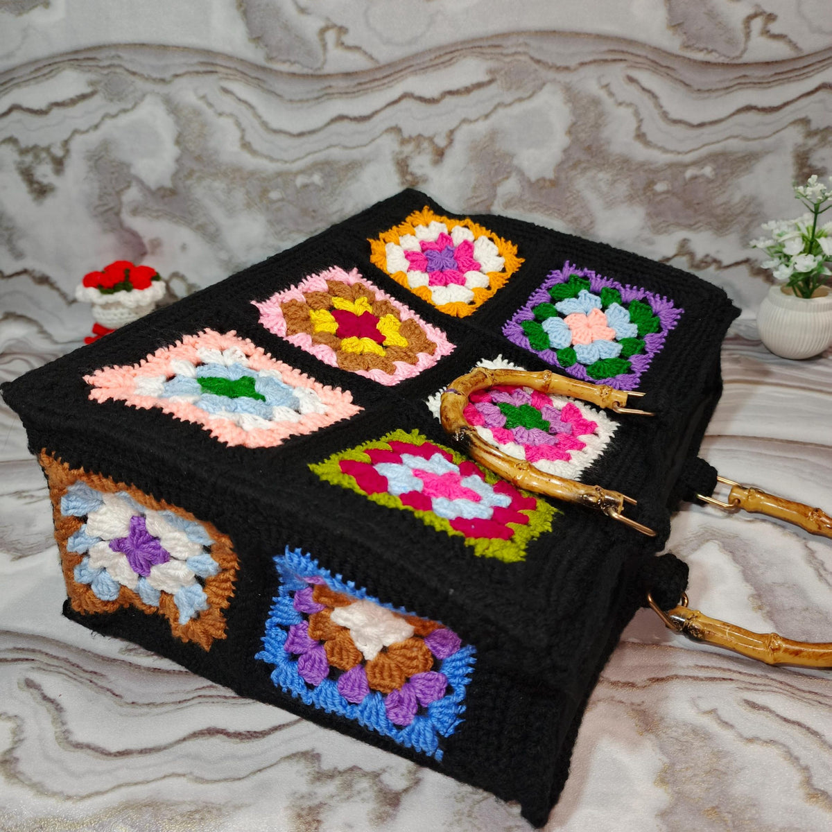 Colorful Crochet Flower Tote Bag | Handmade Granny Square Purse | Black Patchwork Handbag