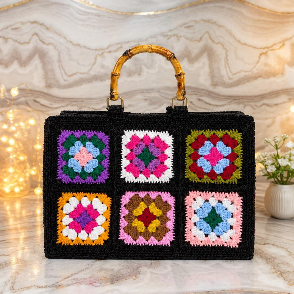Colorful Crochet Flower Tote Bag | Handmade Granny Square Purse | Black Patchwork Handbag