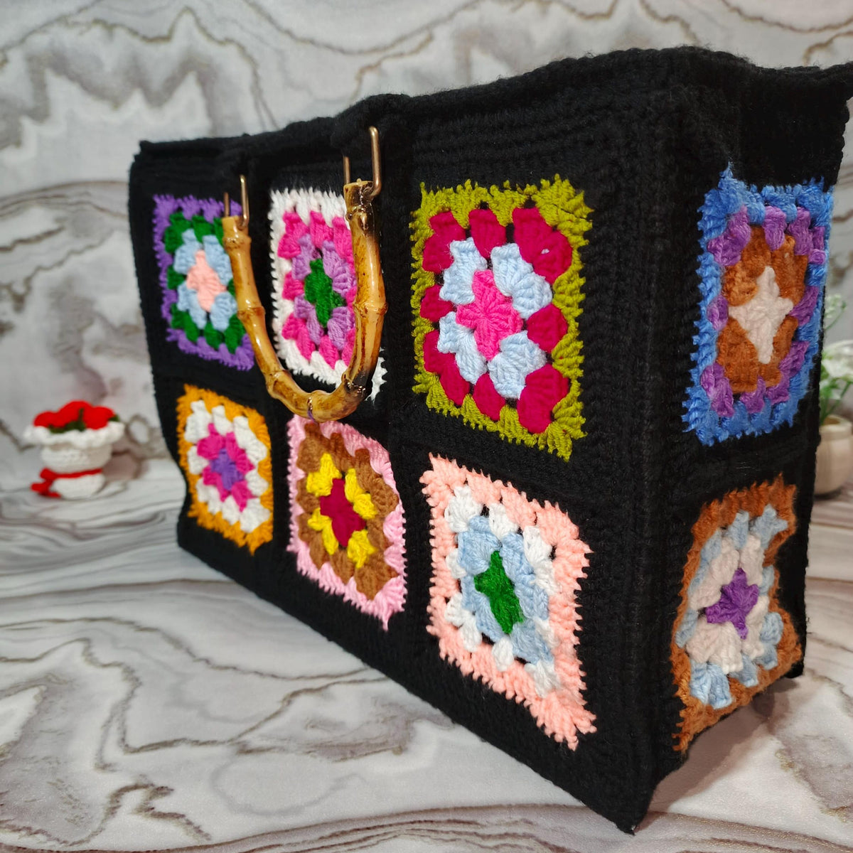 Colorful Crochet Flower Tote Bag | Handmade Granny Square Purse | Black Patchwork Handbag