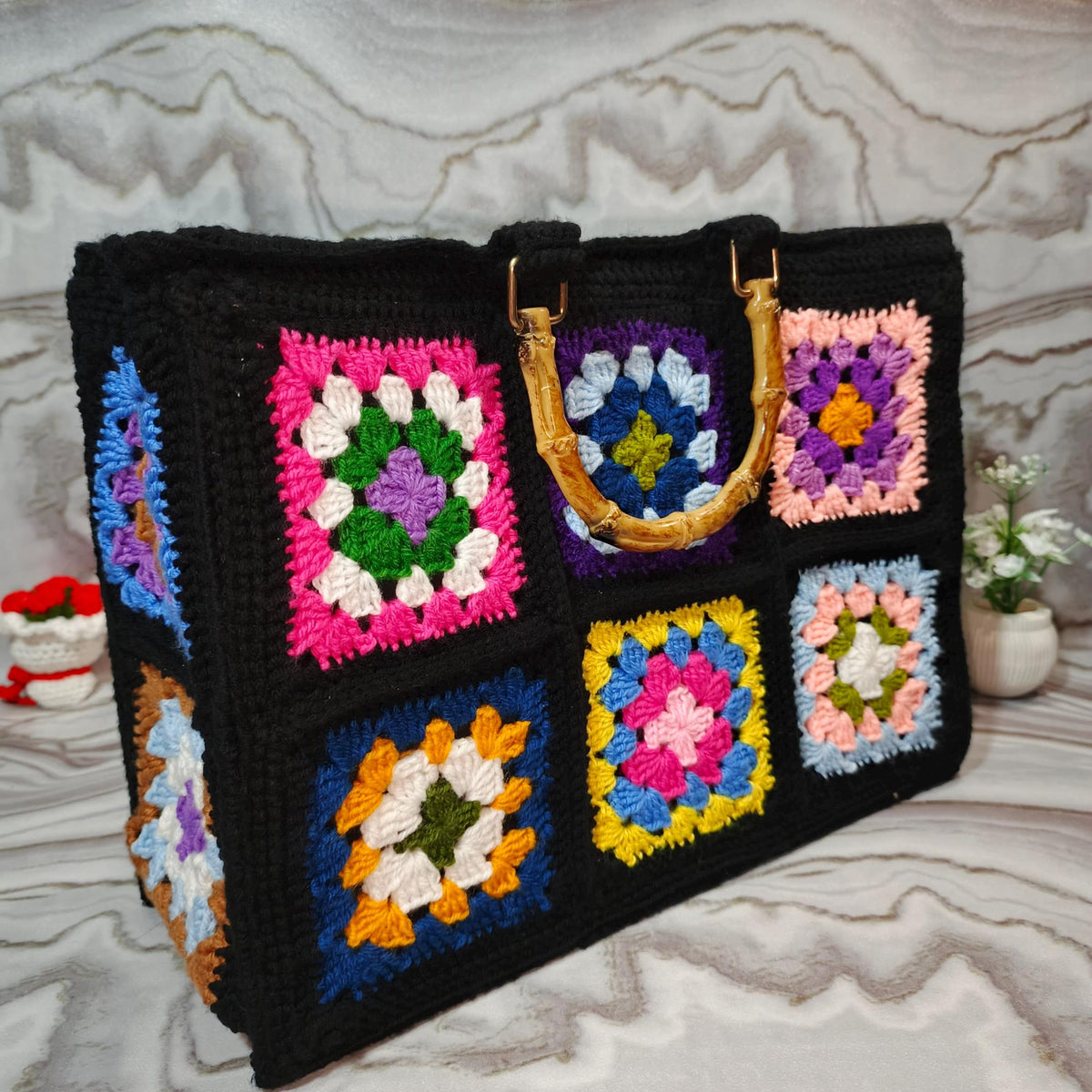 Colorful Crochet Flower Tote Bag | Handmade Granny Square Purse | Black Patchwork Handbag
