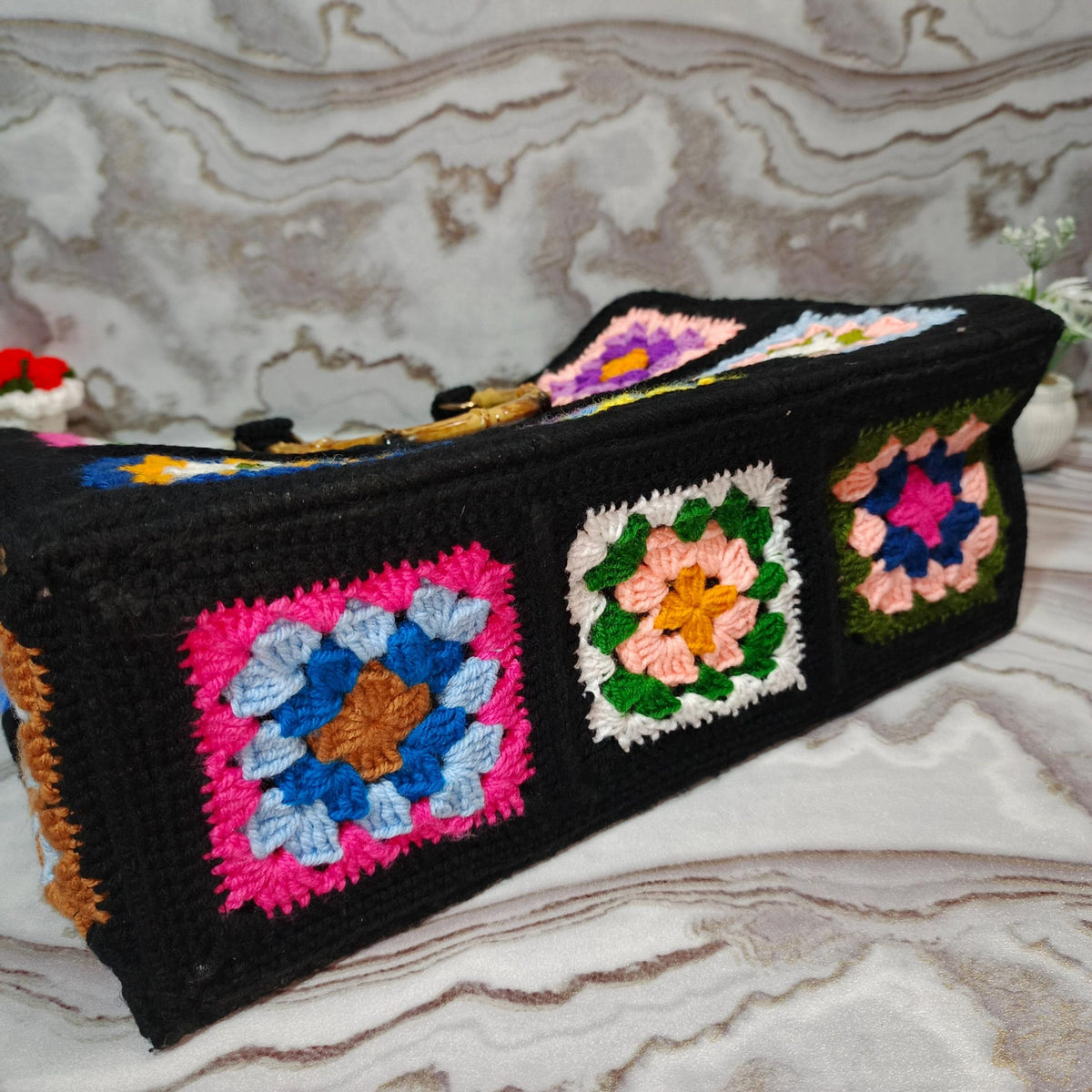Colorful Crochet Flower Tote Bag | Handmade Granny Square Purse | Black Patchwork Handbag