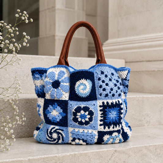 Handmade Crochet Granny Square Tote Bag | Blue Patchwork Boho Purse