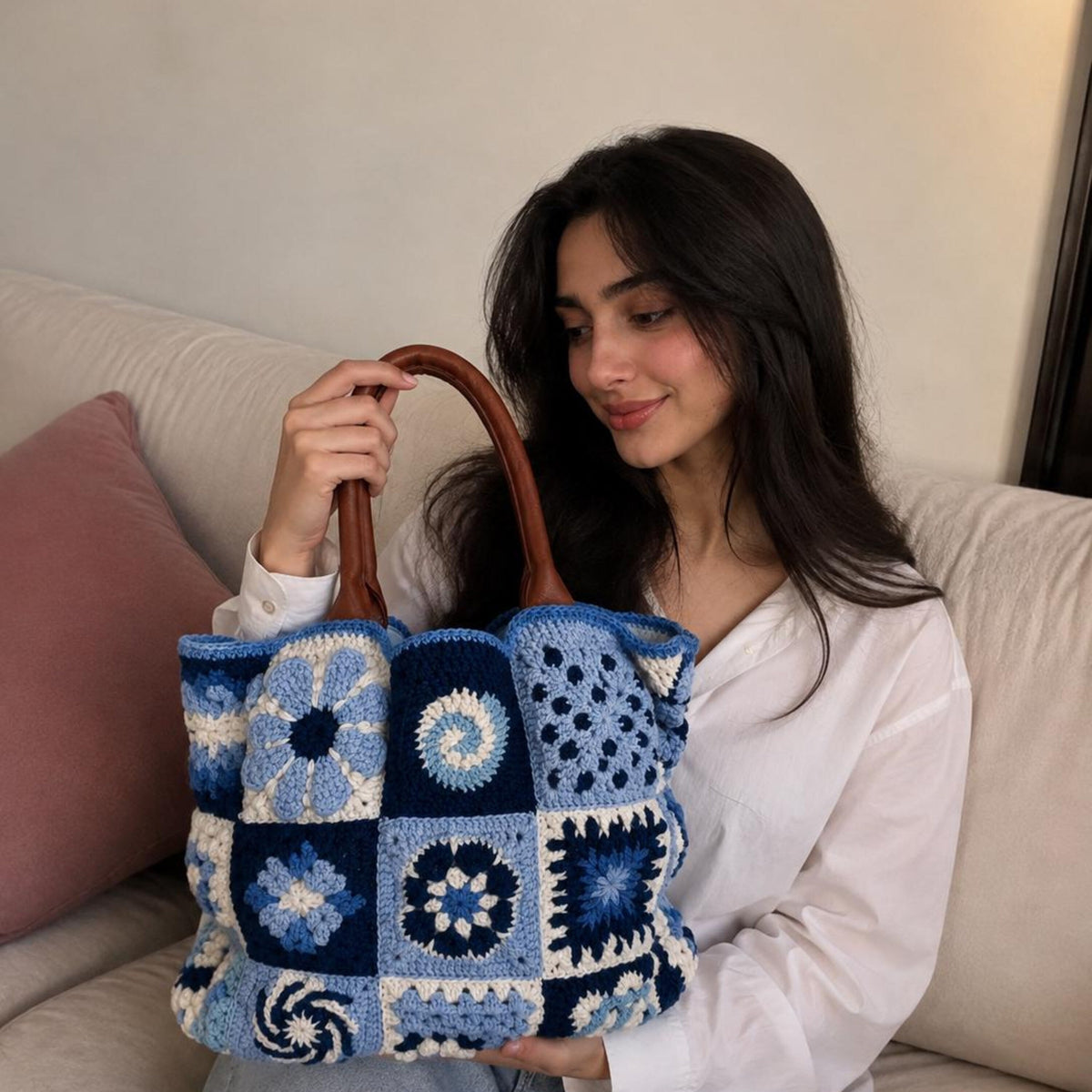 Handmade Crochet Granny Square Tote Bag | Blue Patchwork Boho Purse