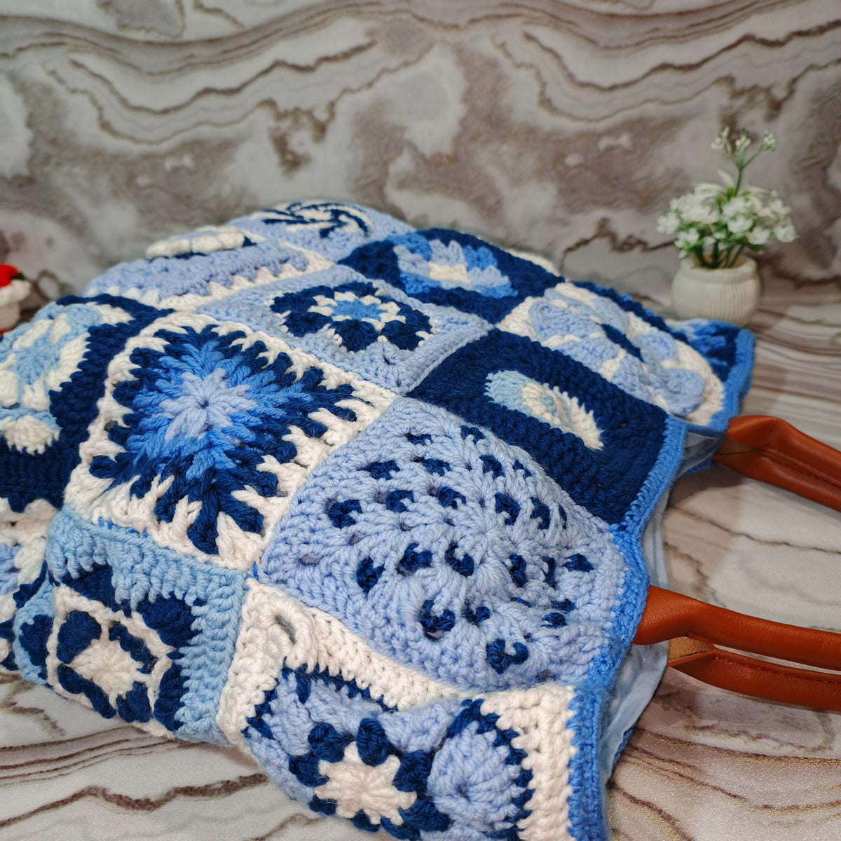 Handmade Crochet Granny Square Tote Bag | Blue Patchwork Boho Purse