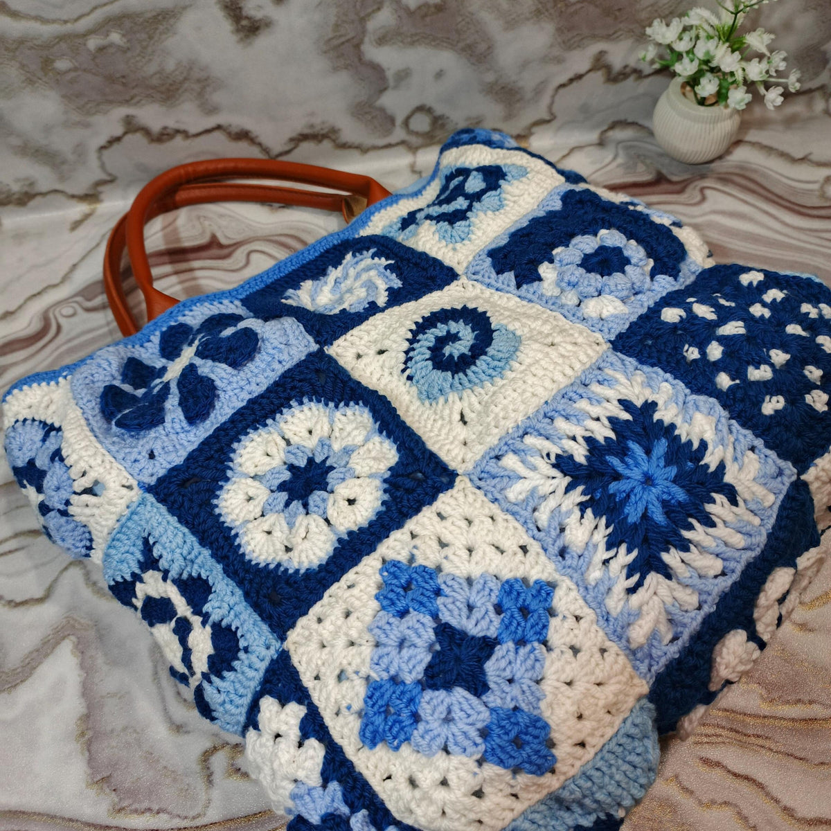 Handmade Crochet Granny Square Tote Bag | Blue Patchwork Boho Purse
