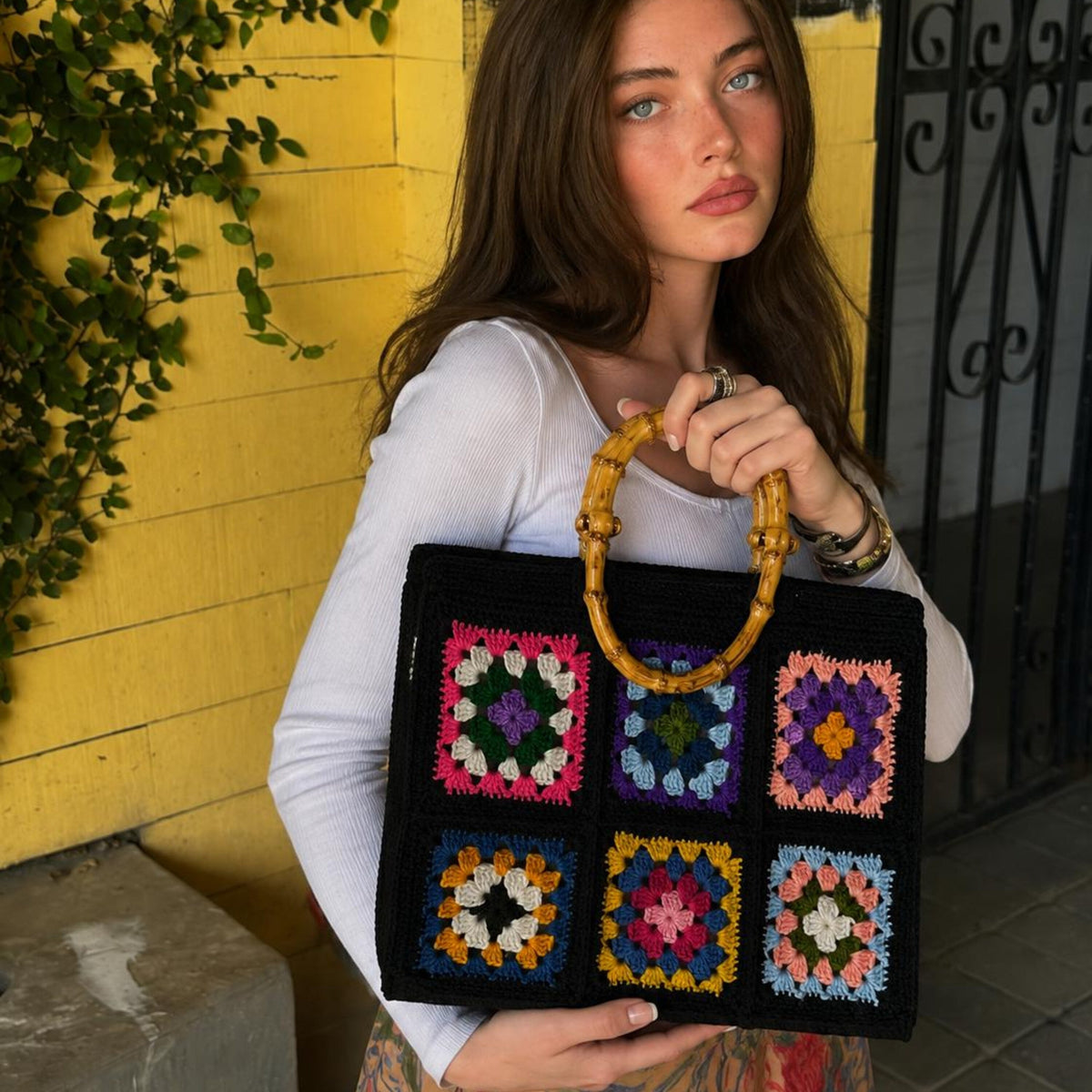 Colorful Crochet Flower Tote Bag | Handmade Granny Square Purse | Black Patchwork Handbag