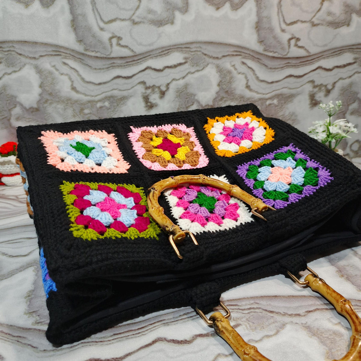 Colorful Crochet Flower Tote Bag | Handmade Granny Square Purse | Black Patchwork Handbag