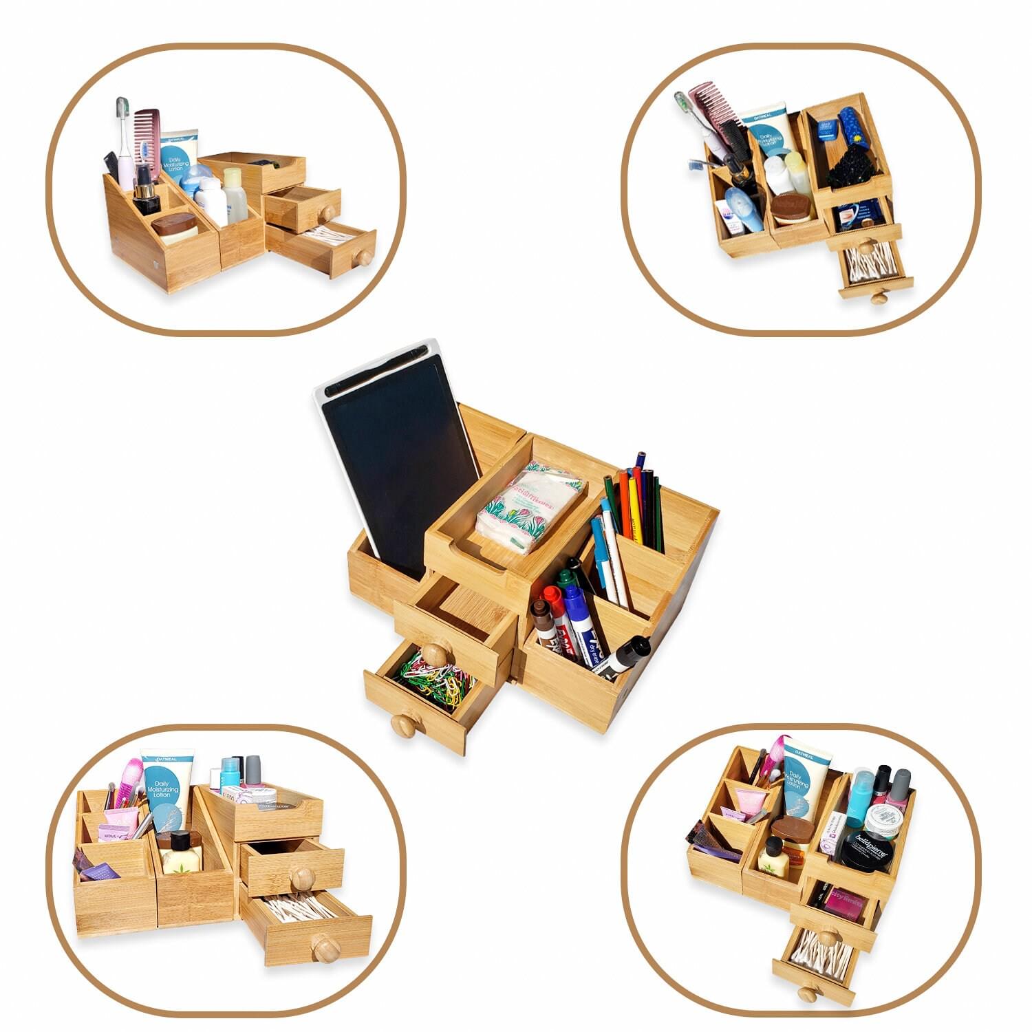 3-Piece Bamboo Organizer set, modular and magnetic design, stylish eco-friendly storage solution for office or home