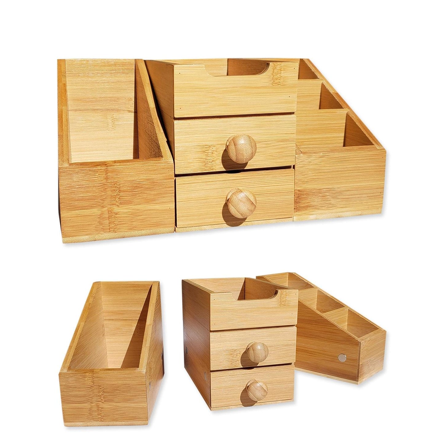 3-Piece Bamboo Organizer set, modular and magnetic design, stylish eco-friendly storage solution for office or home