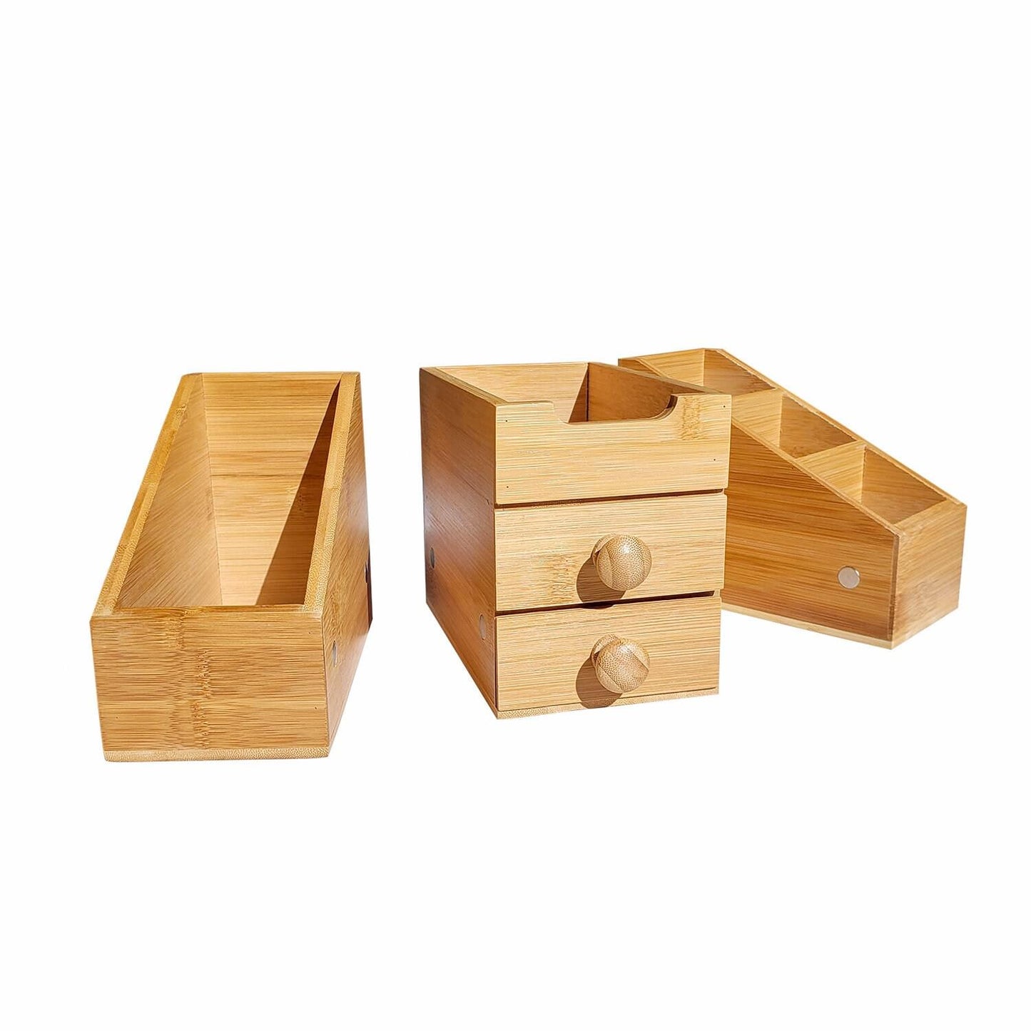 3-Piece Bamboo Organizer set, modular and magnetic design, stylish eco-friendly storage solution for office or home