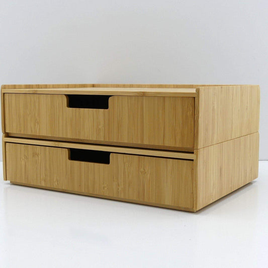 Set of 2 Bamboo Monitor Stands with Pull-Out Storage Drawers – Stackable Desktop Organizer