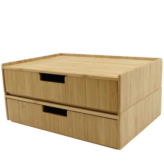 Set of 2 Bamboo Monitor Stands with Pull-Out Storage Drawers – Stackable Desktop Organizer